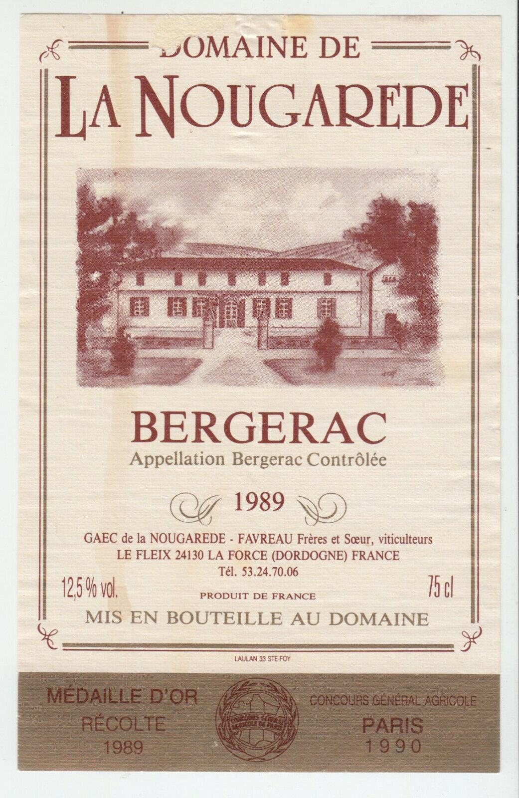 ETIQUETTE DE VIN BERGERAC DOMAINE LA NOUGAREDE 1989 124539262552