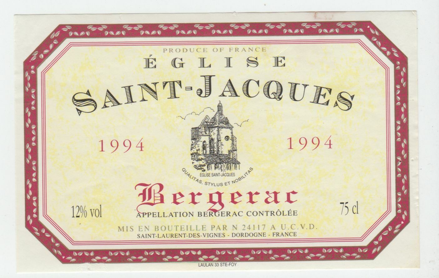 ETIQUETTE DE VIN BERGERAC EGLISE SAINT JACQUES 1994 124539262562