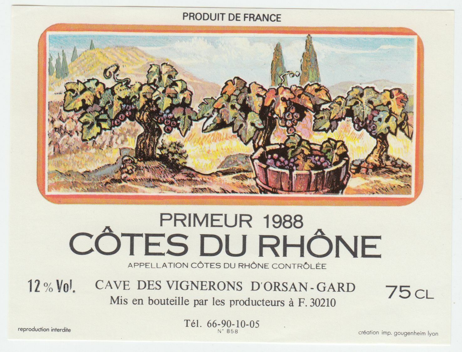 ETIQUETTE DE VIN BONS COTES DU RHONE PRIMEUR 1988 ORSAN 402581825572