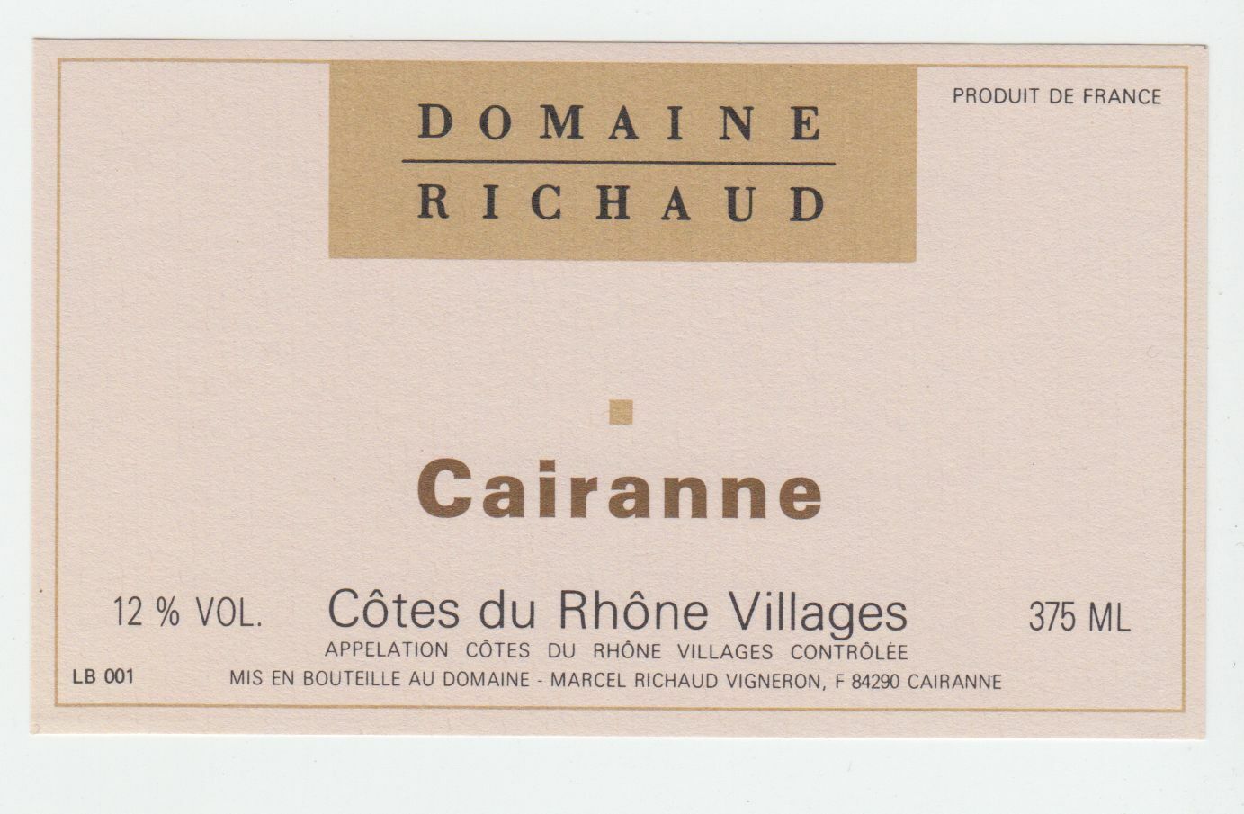 ETIQUETTE DE VIN BONS COTES DU RHONE VILLAGES DOMAINE RICHAUD CAIRANNE 402581825532