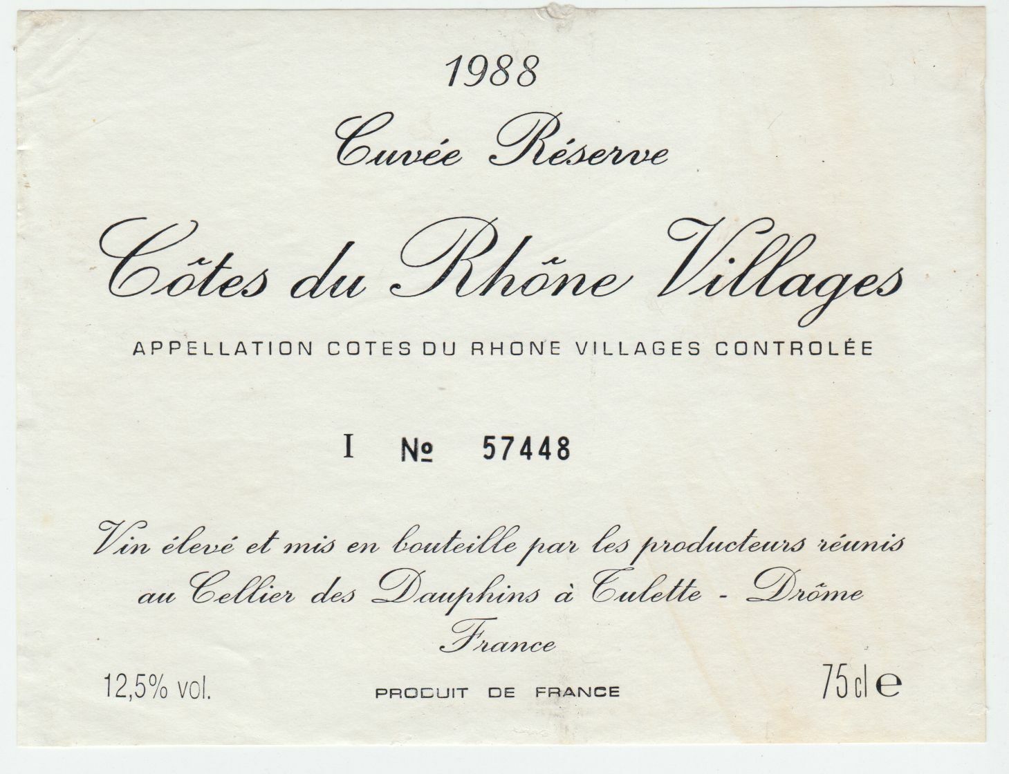 ETIQUETTE DE VIN BONS COTES DU RHONE villages 1988 cellier dauphins a tulette 402581825542