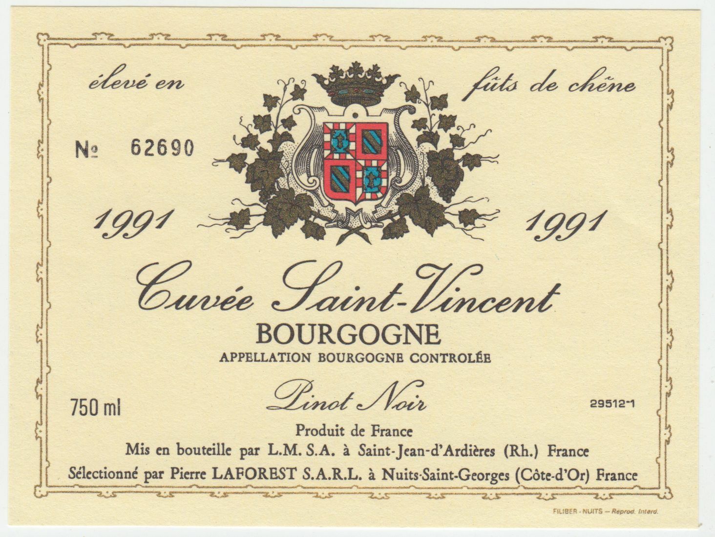 ETIQUETTE DE VIN BOURGOGNE 1991 CUVEE SAINT VINCENT PINOT NOIR 124555697032