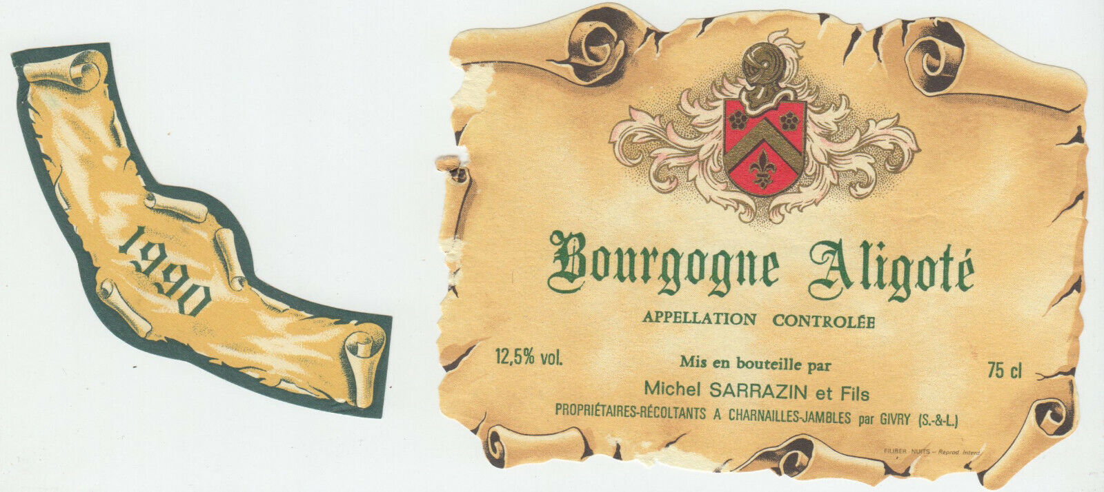 ETIQUETTE DE VIN BOURGOGNE ALIGOTE 1990 SARRAZIN 124555697022