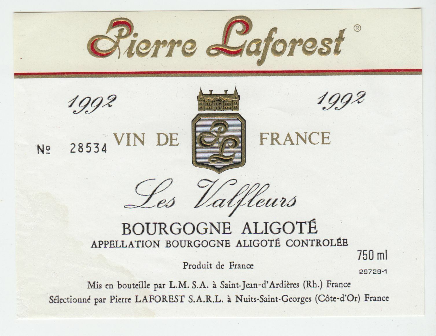 ETIQUETTE DE VIN BOURGOGNE ALIGOTE LES VALFLEURS 1992 402673357272