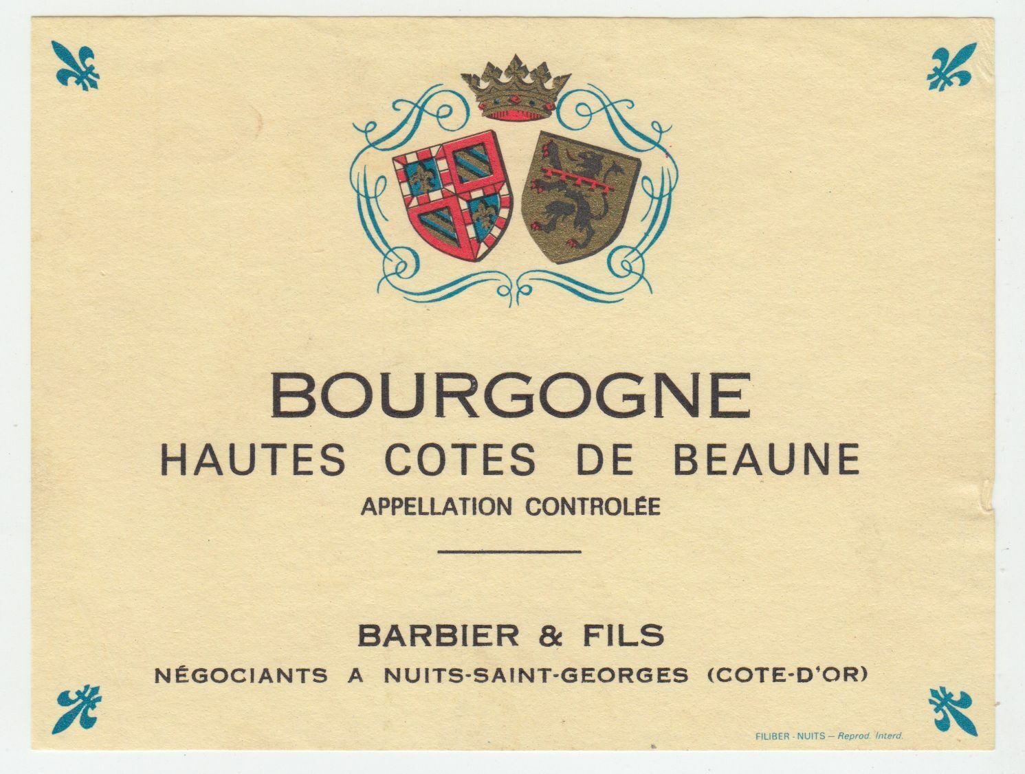 ETIQUETTE DE VIN BOURGOGNE HAUTES COTES DE BEAUNE BARBIER ET FILS 124555697062