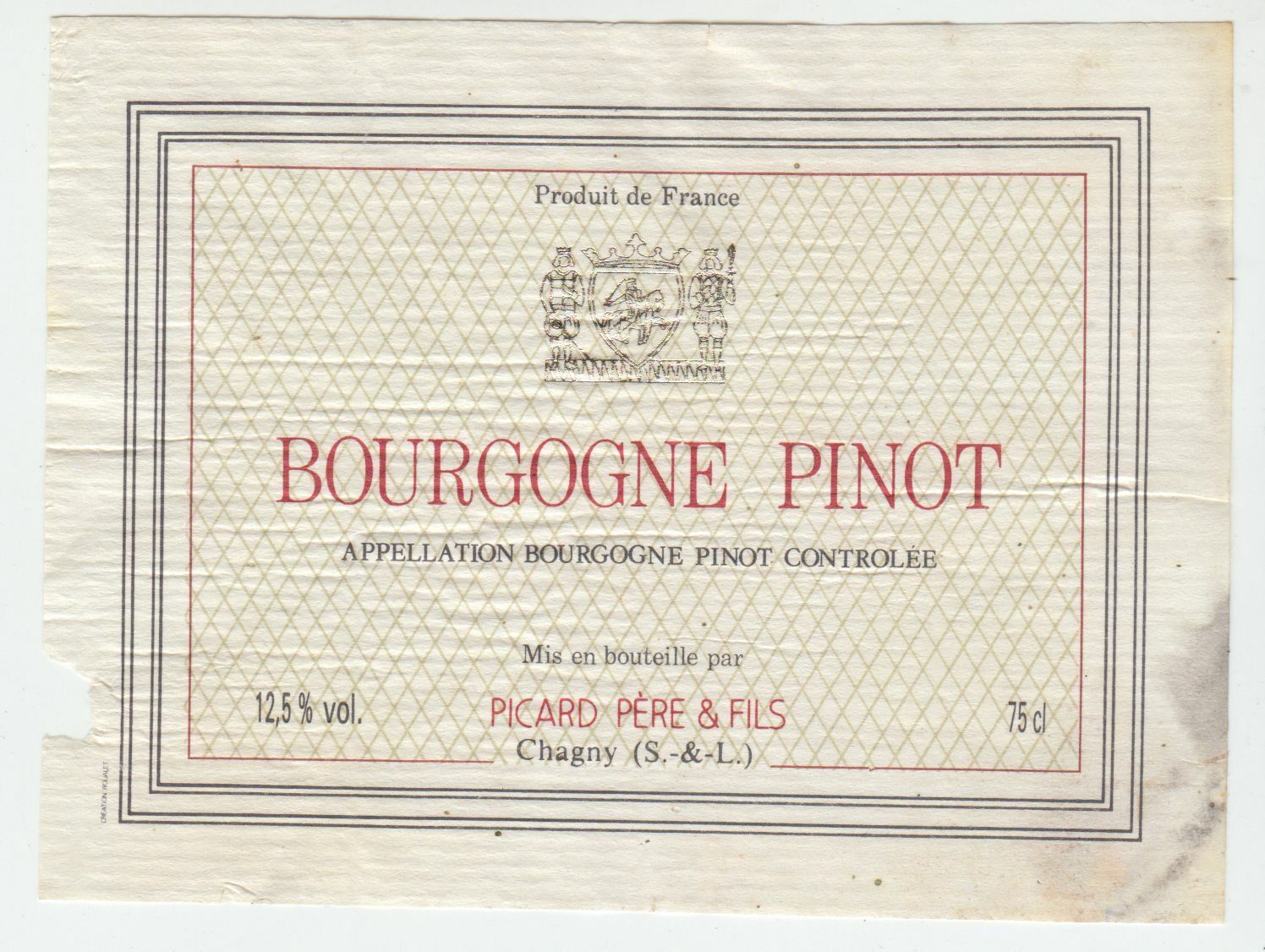 ETIQUETTE DE VIN BOURGOGNE PINOT PICARD PERE ET FILS 124555697082