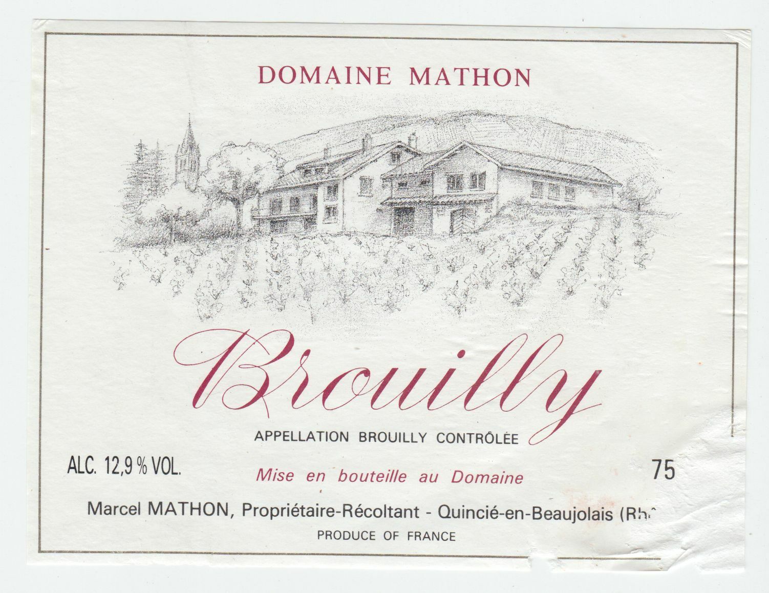 ETIQUETTE DE VIN BROUILLY DOMAINE MATHON 402673357282