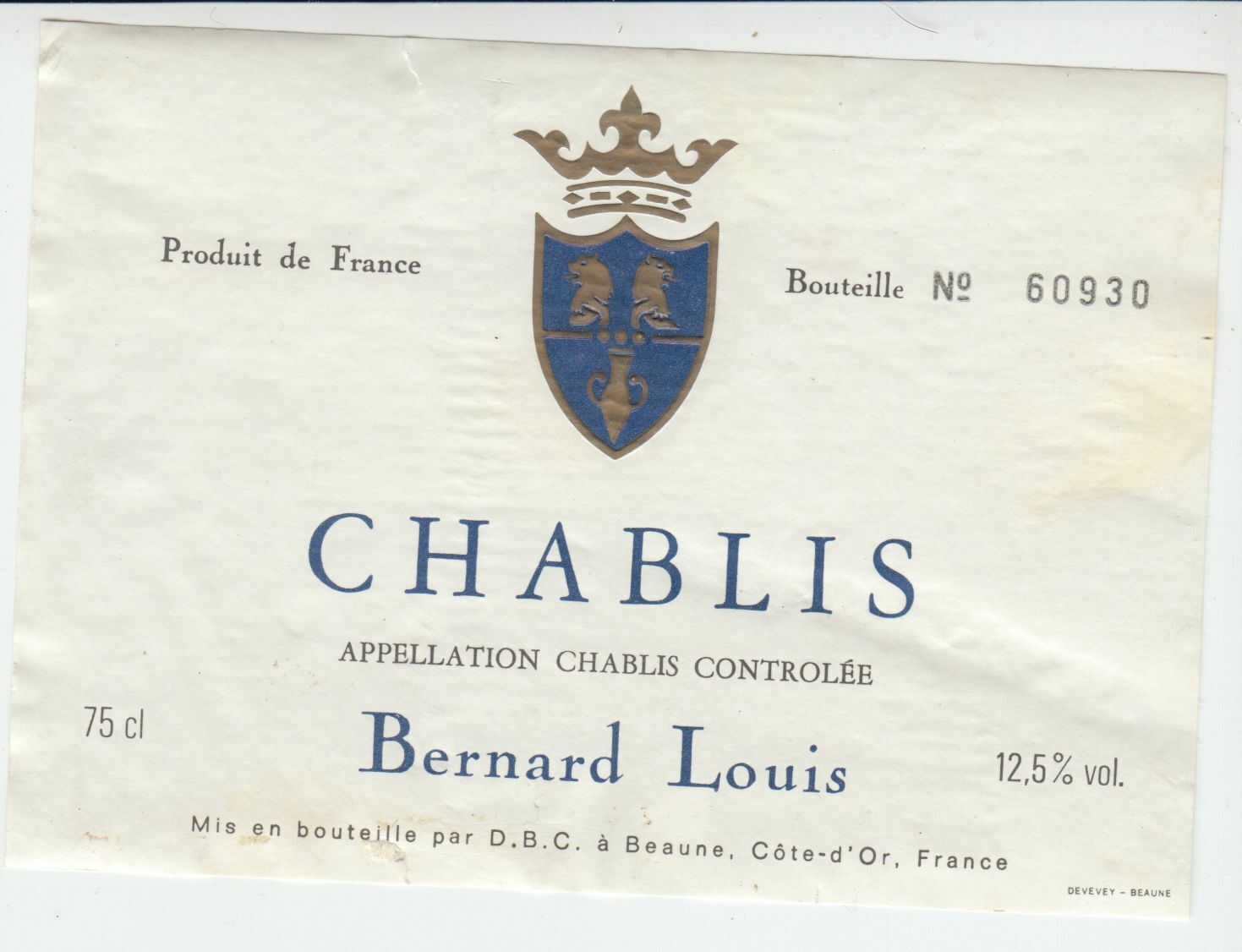 ETIQUETTE DE VIN CHABLIS BERNARD LOUIS 124463377132