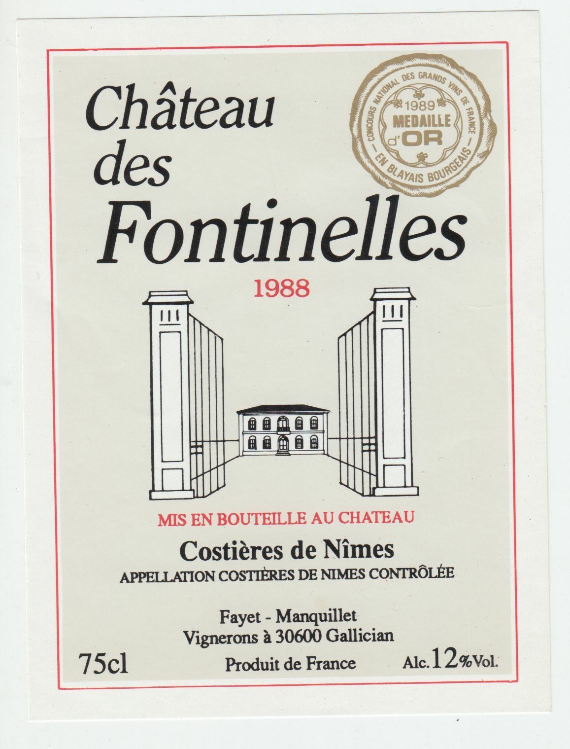 ETIQUETTE DE VIN COSTIERES DE NIMES 1988 CHATEAU DES FONTINELLES 402669072102