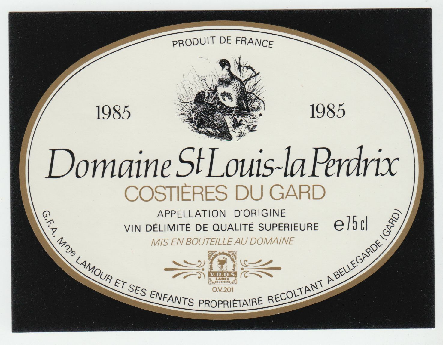 ETIQUETTE DE VIN COSTIERES DU GARD 1985 DOMAINE ST LOUIS LA PERDRIX 402654737212