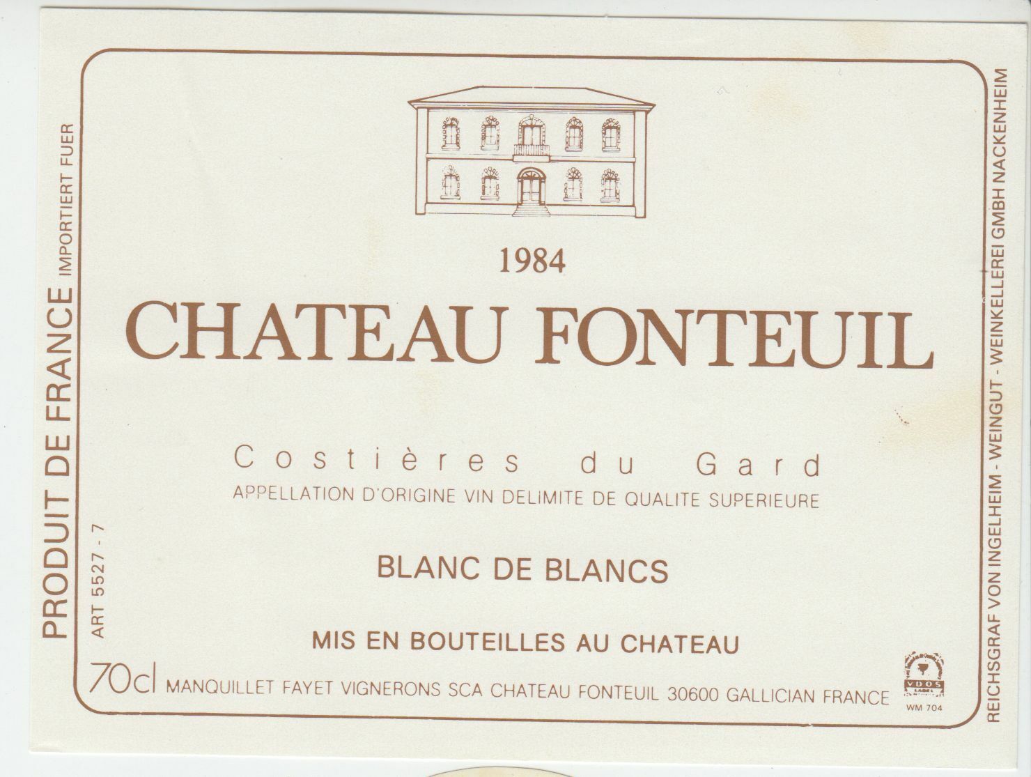 ETIQUETTE DE VIN COSTIERES DU GARD CHATEAU FONTEUIL 1984 124539262572