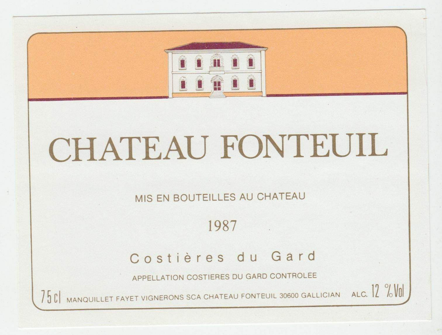 ETIQUETTE DE VIN COSTIERES DU GARD CHATEAU FONTEUIL 1987 402654737182