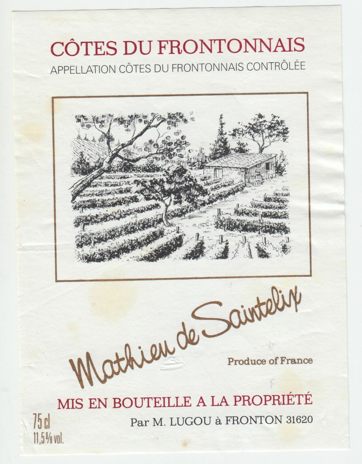 ETIQUETTE DE VIN COTE DU FRONTONNAIS MATHIEU DE SAINTELIX 402669072072