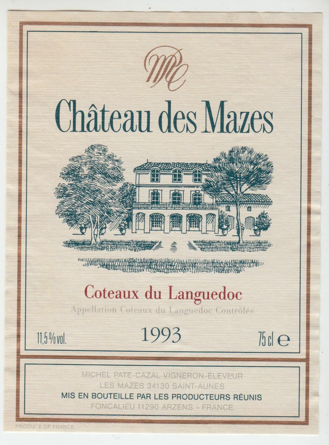 ETIQUETTE DE VIN COTEAUX DU ROUSSILLON 1993 CHATEAU DES MAZES 124511871042