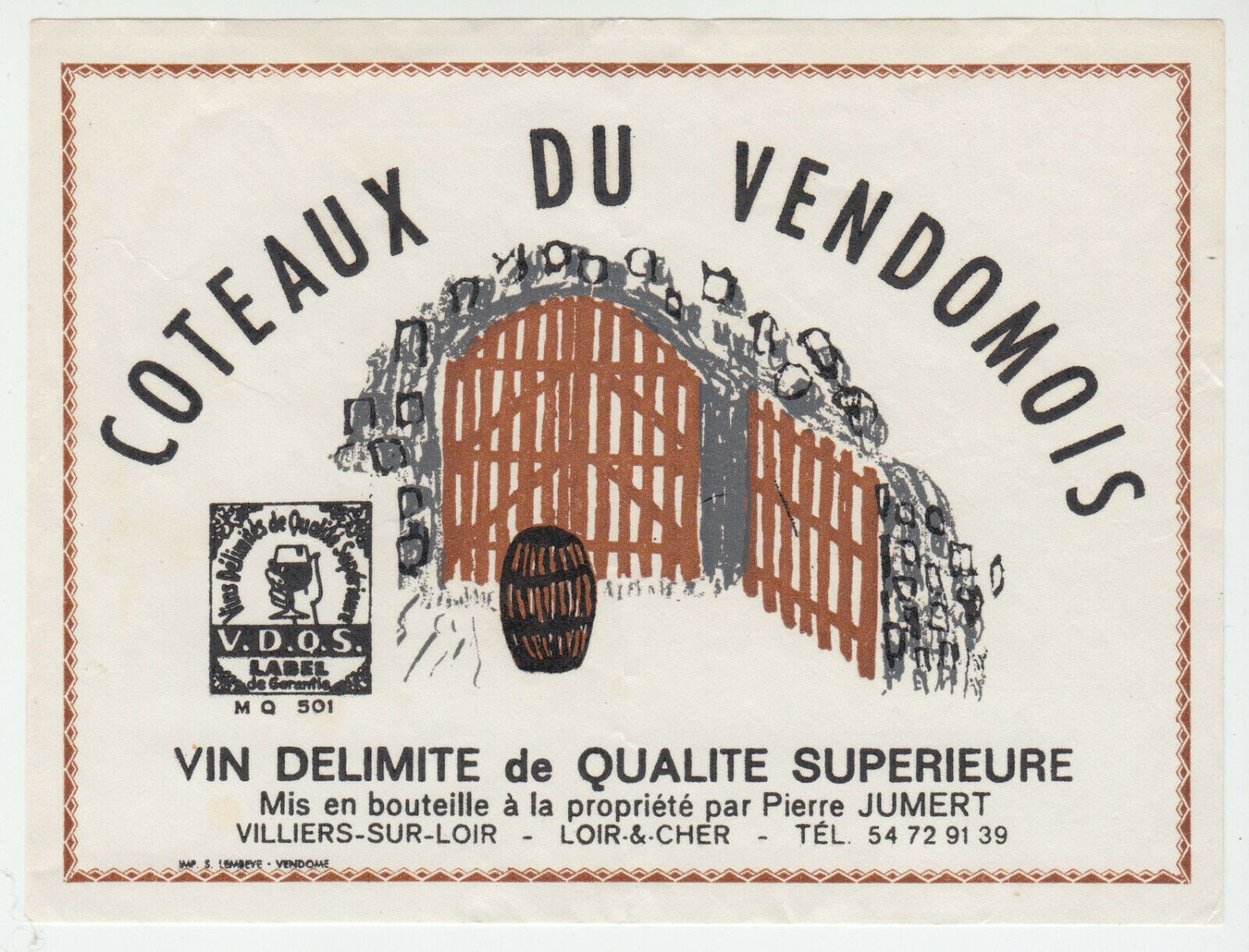 ETIQUETTE DE VIN COTEAUX DU VENDOMOIS VIN DELIMITE 402631698512