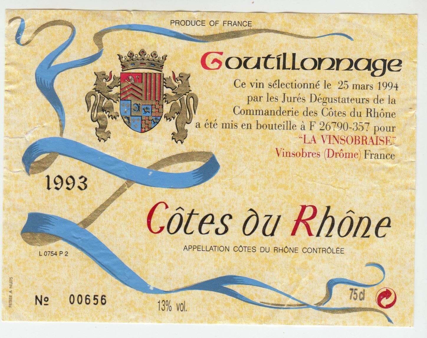 ETIQUETTE DE VIN COTES DU RHONE 1993 GOUTILLONNAGE VINSOBRES DROME 124461940522
