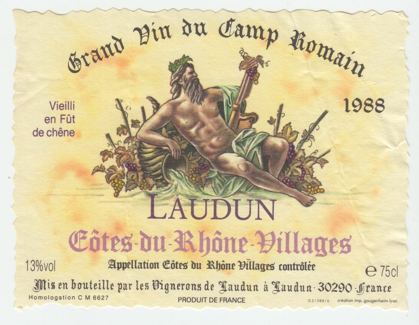 ETIQUETTE DE VIN COTES DU RHONE LAUDUN 1988 VIN DU CAMP ROMAIN 402581823742