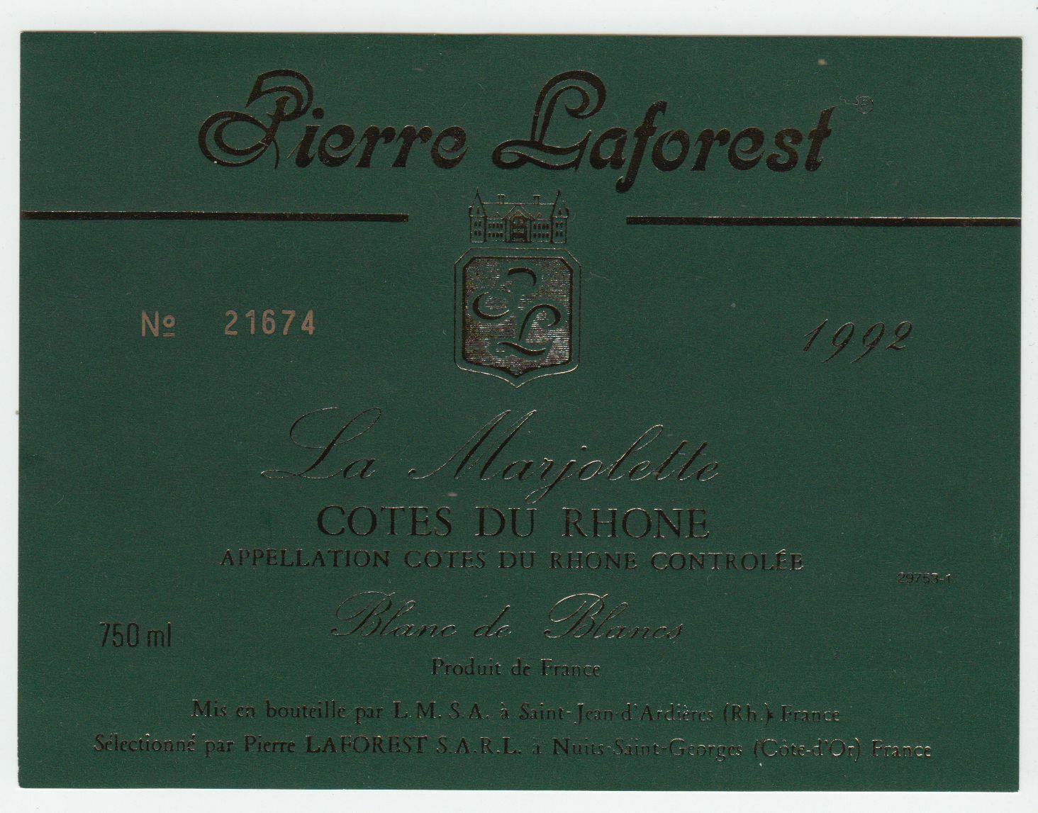 ETIQUETTE DE VIN COTES DU RHONE PIERRE LAFOREST 1992 LA MARJOLETTE 124461944682