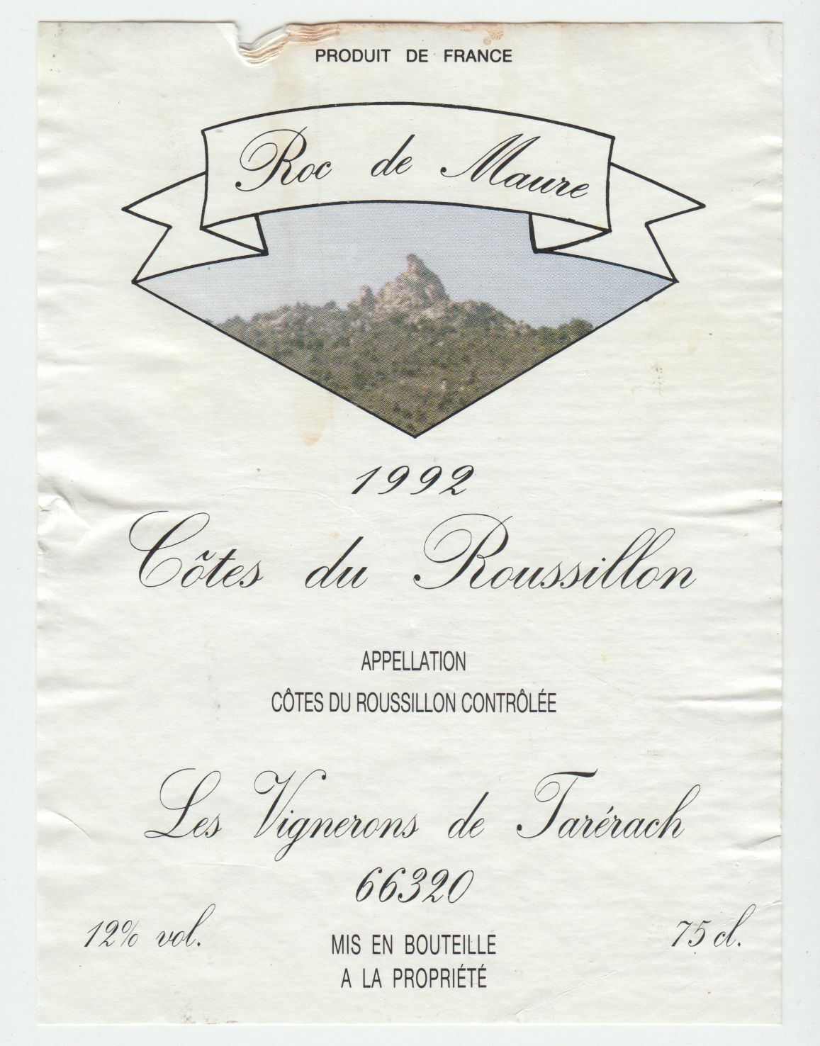 ETIQUETTE DE VIN COTES DU ROUSSILLON 1992 ROC DE MAURE 402631698482