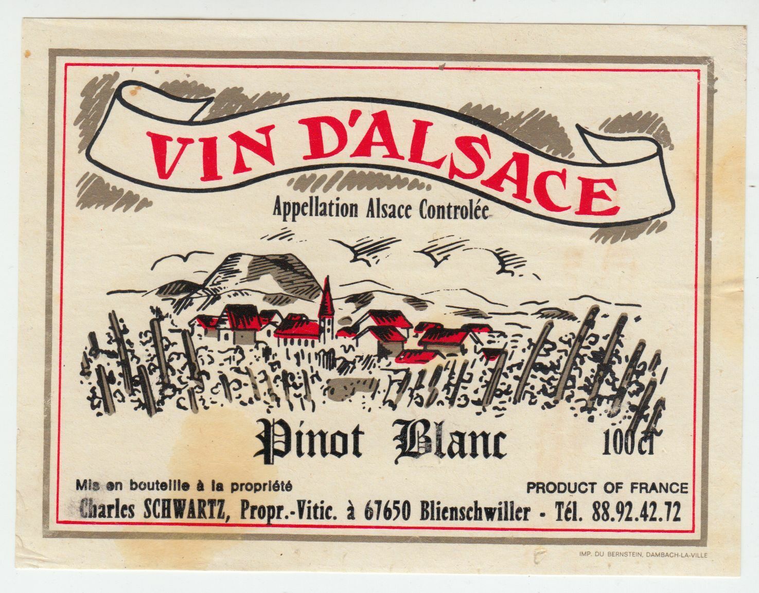 ETIQUETTE DE VIN D ALSACE PINOT BLANC CHARLES SCHWARTZ 402631696652