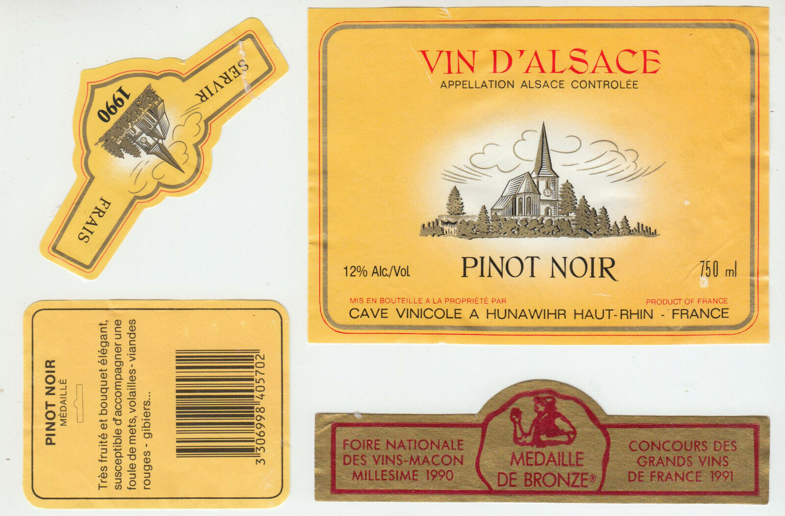 ETIQUETTE DE VIN D ALSACE PINOT NOIR 1990 MEDAILLE DE BRONZE 402631696672