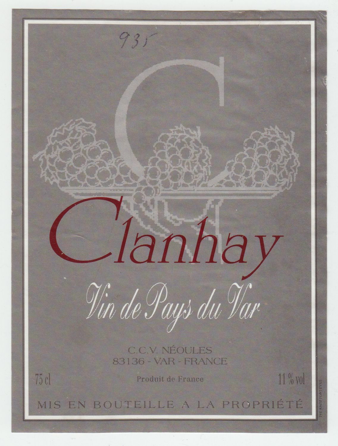 ETIQUETTE DE VIN DE PAYS DU VAR CLANHAY NEOULES 402687606142