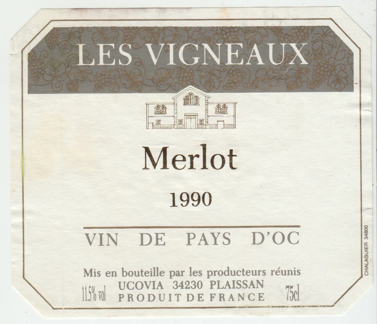 ETIQUETTE DE VIN DU PAYS D OC 1990 LES VIGNEAUX MERLOT 402690973602