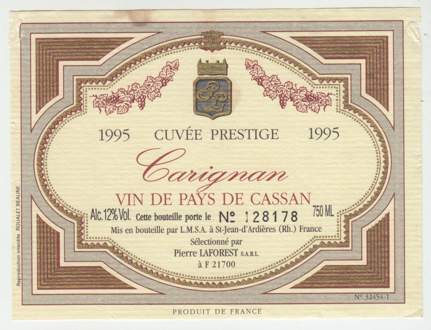 ETIQUETTE DE VIN DU PAYS DE CASSAN 1995 CARIGNAN 402695573002