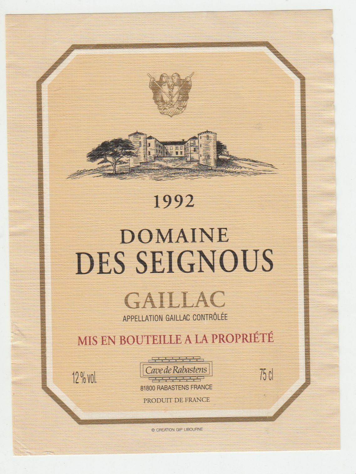 ETIQUETTE DE VIN GAILLAC 1992 DOMAINE DES SEIGNOUS 124552112022