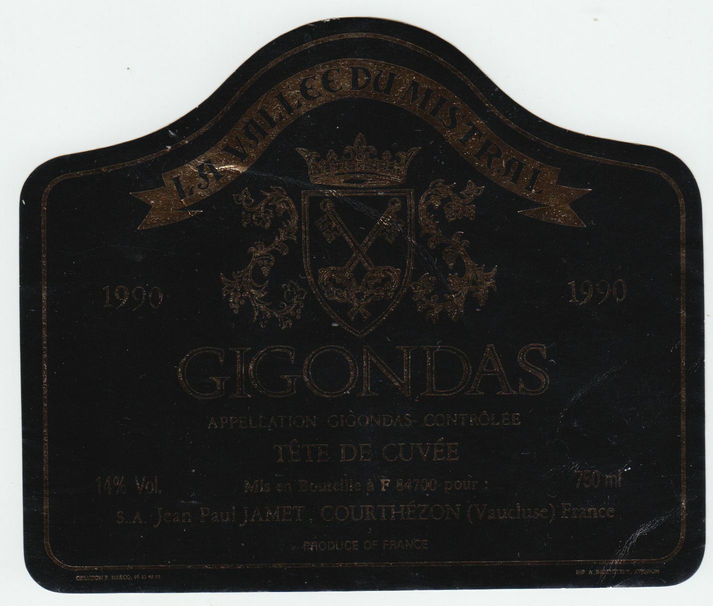 ETIQUETTE DE VIN GIGONDAS 1990 LA VALLEE DU MISTRAL TETES DE CUVEE 124461947782