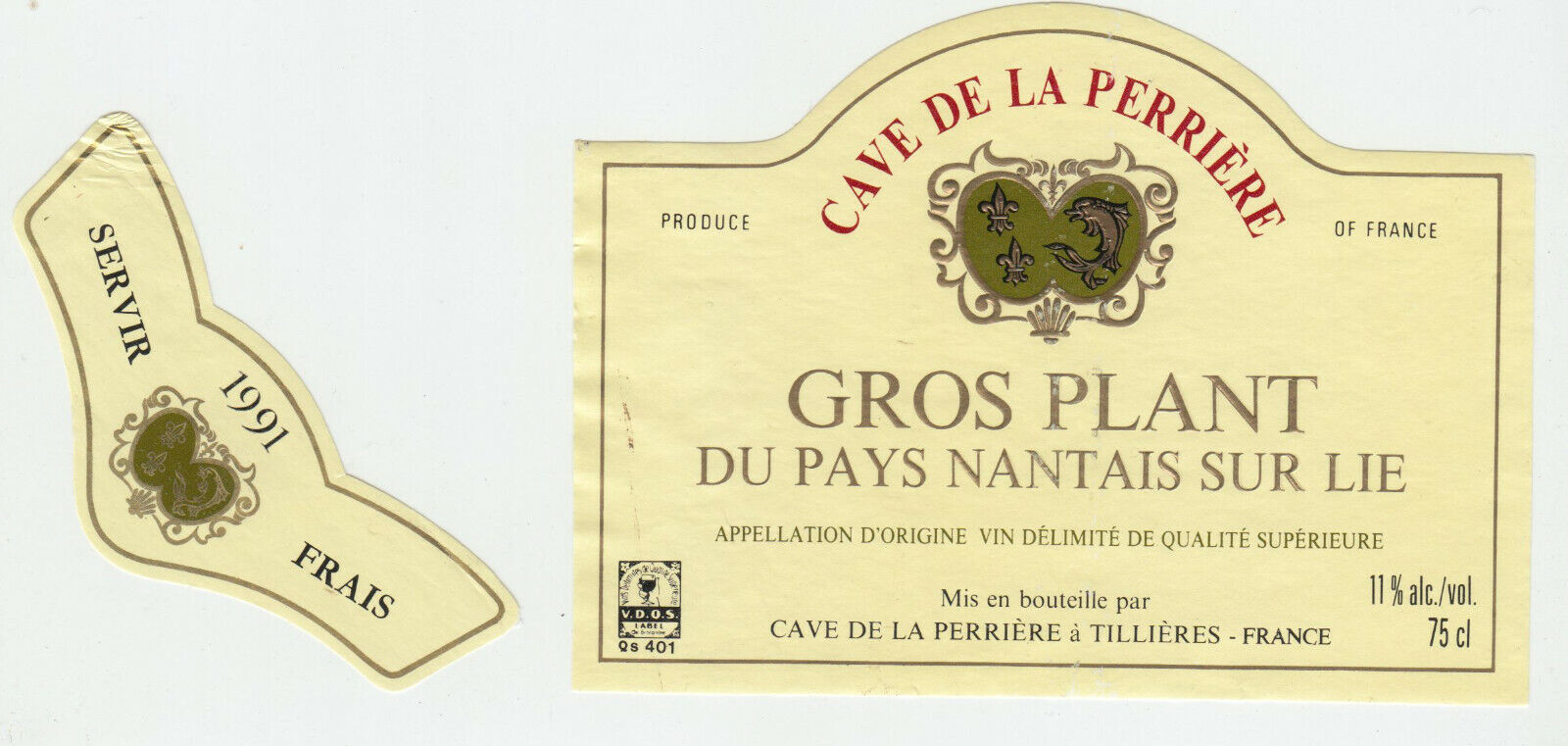 ETIQUETTE DE VIN GROS PLANT DU PAYS NANTAIS SUR LIE 1991 CAVE DE LA PERRIERE 124511871032