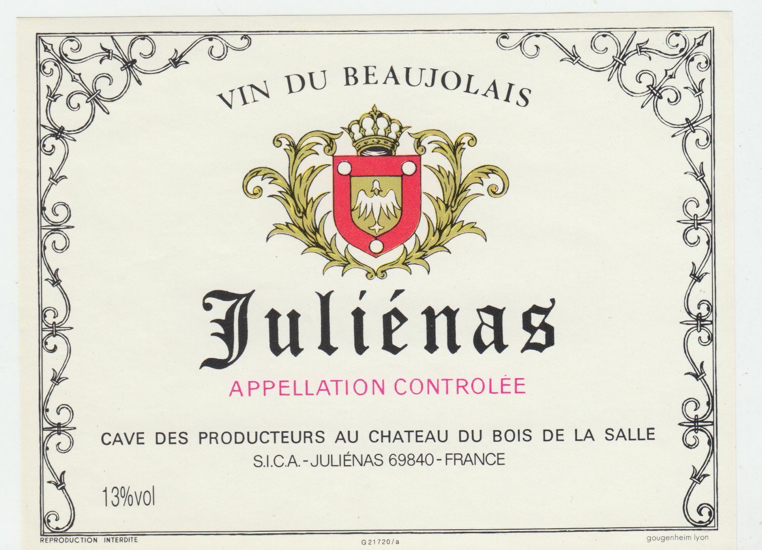 ETIQUETTE DE VIN JULIENAS CHATEAU DU BOIS DE LA SALLE 124555697052