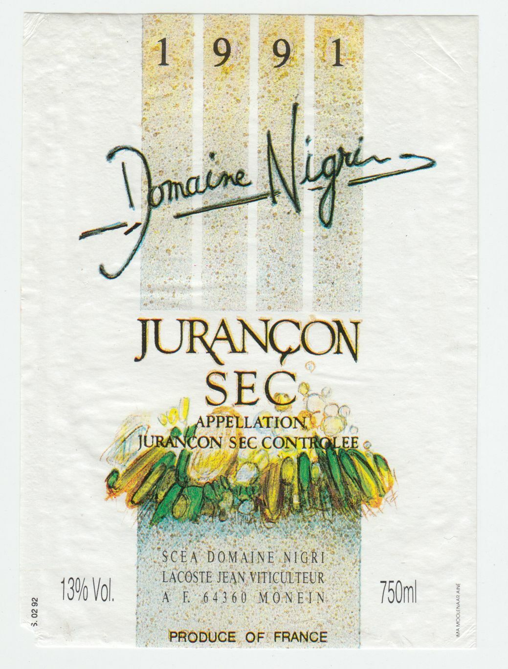 ETIQUETTE DE VIN JURANCON 1991 DOMAINE NIGRI 402669072112