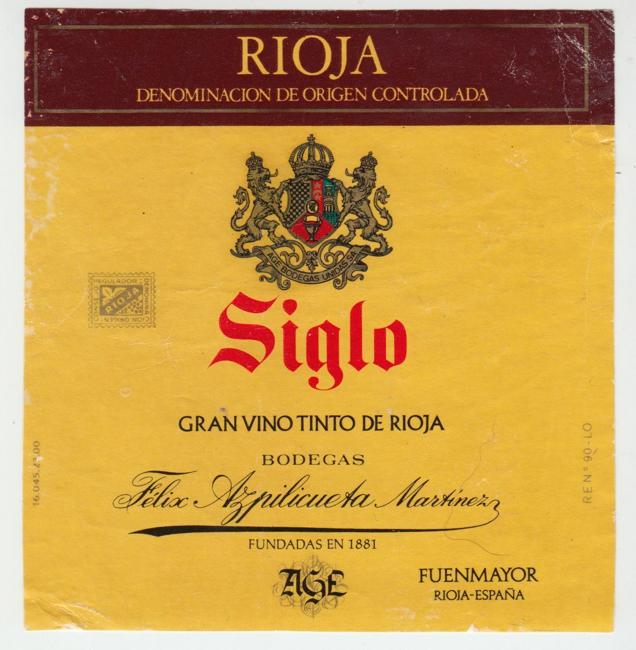 ETIQUETTE DE VIN RIOJA SIGLO BODEGAS FELIX AZPILICUETA MARTRINEZ 124438225792