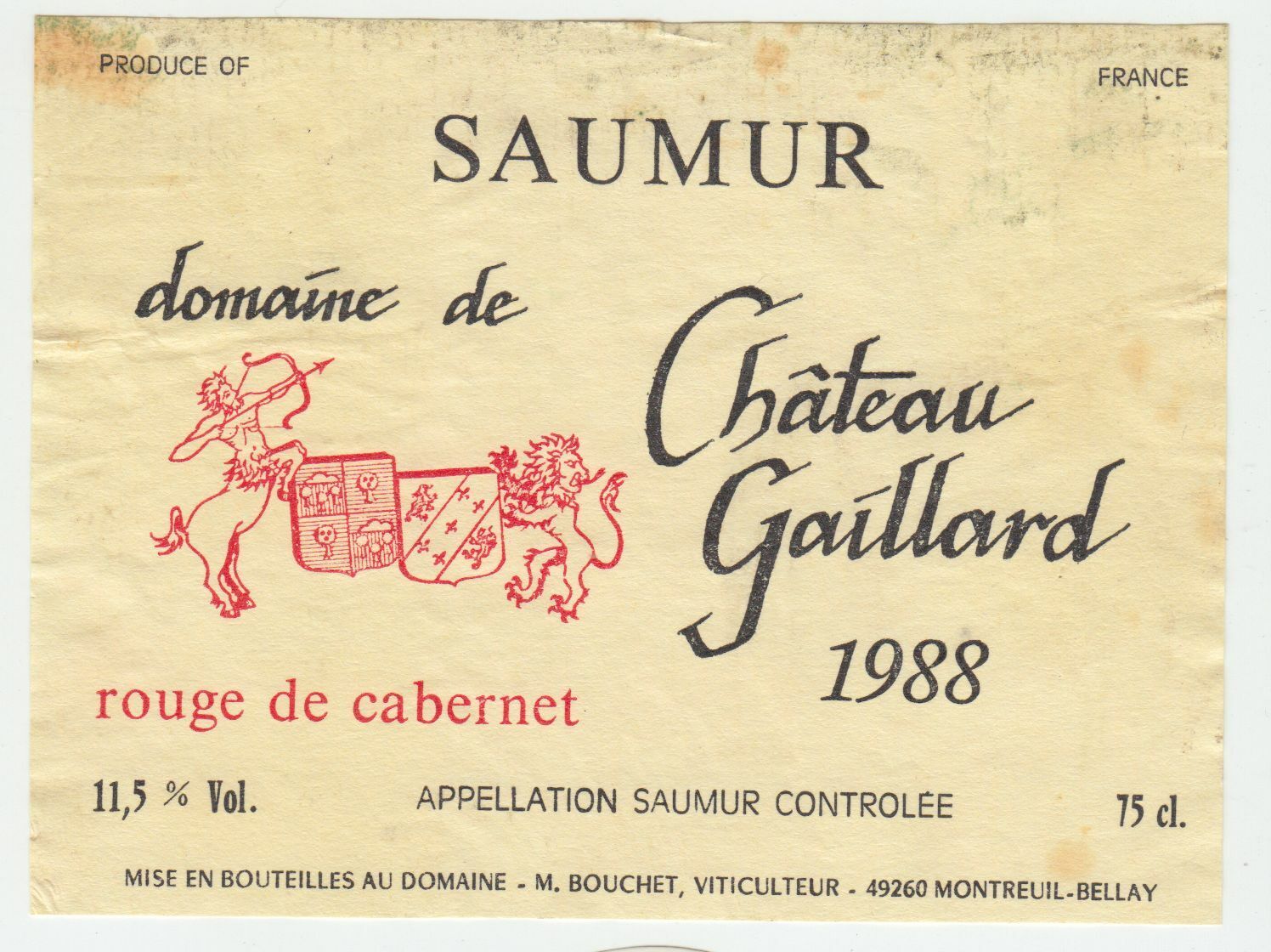 ETIQUETTE DE VIN SAUMUR DOMAINE DE CHATEAU GAILLARD 1988 ROUGE DE CABERNET 402631697882