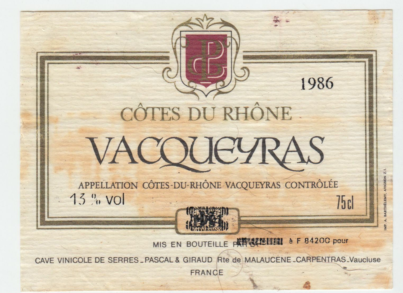 ETIQUETTE DE VIN VACQUEYRAS 1986 COTES DU RHONE 402581825562