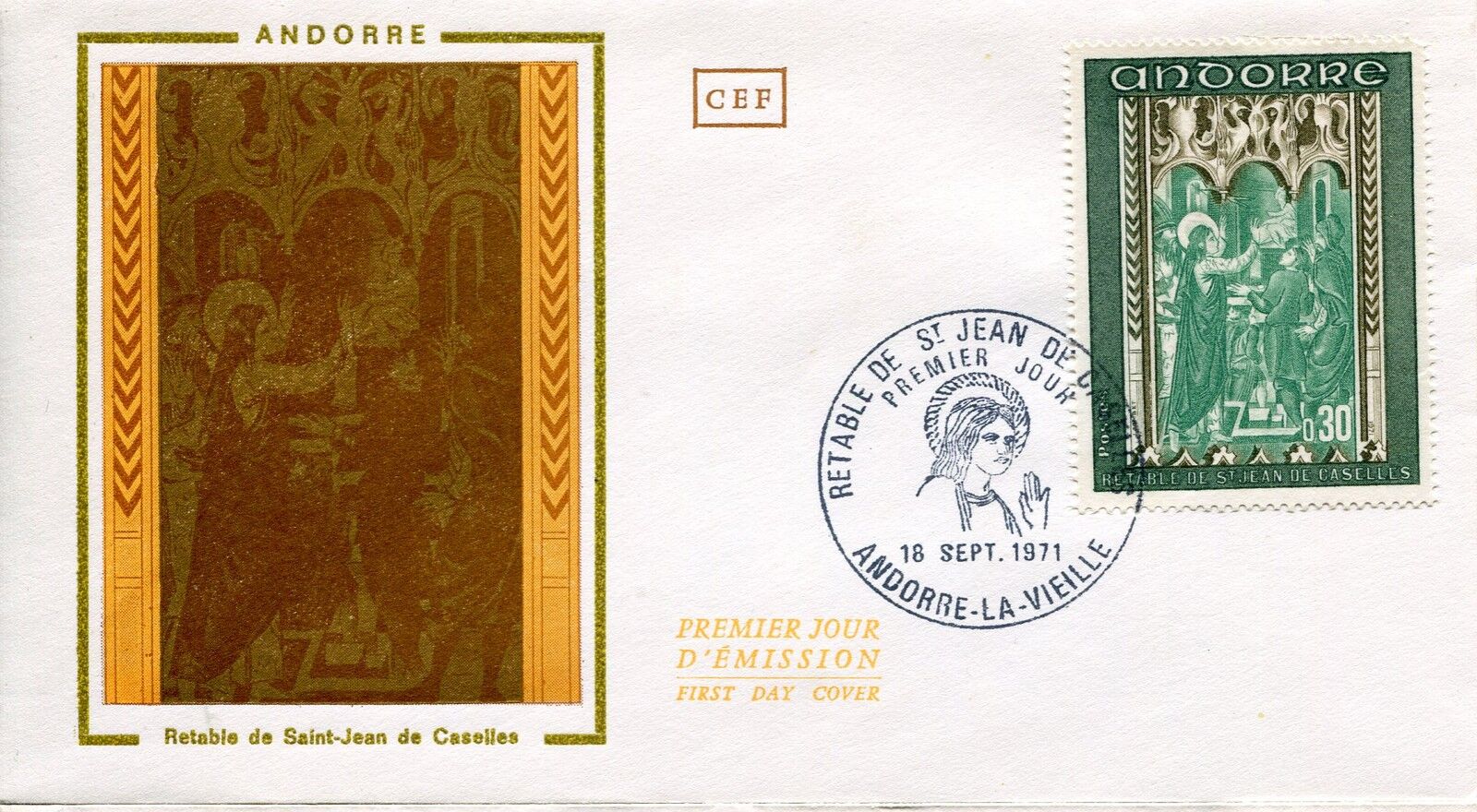 FDC PREMIER JOUR ANDORRE 1971 TIMBRE N 214 RETABLE CHAPELLE ST JEAN DE CASELLES 400790727632