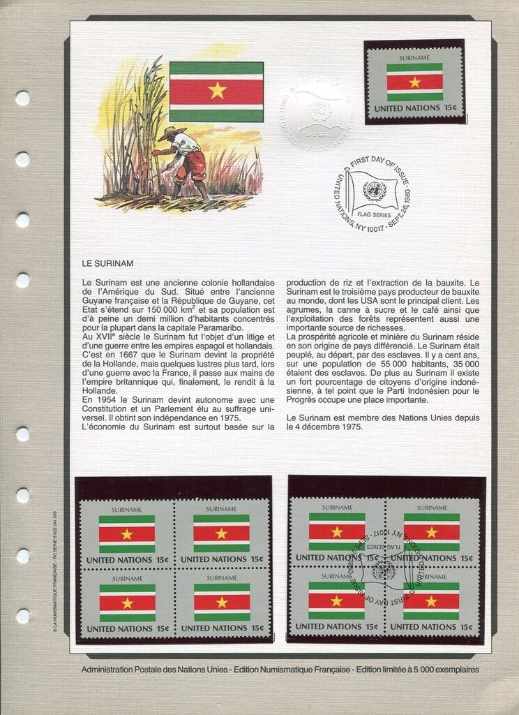 FEUILLET FIRST DAY NATIONS UNIS N.Y 26/09/80 TIMBRE N° 321  LE SURINAM