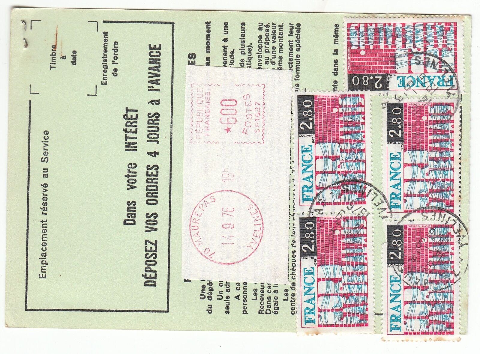 FRANCE TIMBRE ORDRE DE REEXPEDITION ELANLOUAT POUR MAUREPAS 1976 121902421572