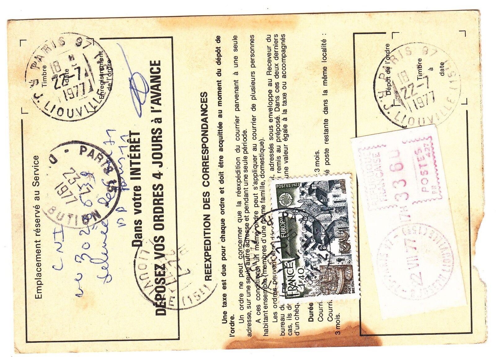 FRANCE TIMBRE ORDRE DE REEXPEDITION PARIS POUR VICI LE COMTE 1977 121900677422