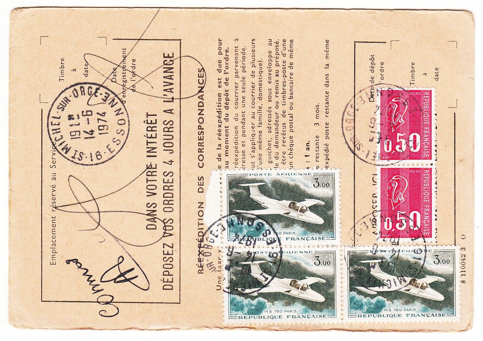 FRANCE TIMBRE ORDRE DE REEXPEDITION ST MICHEL SUR ORGE LA CAPTE HYERES 1974 401075261742