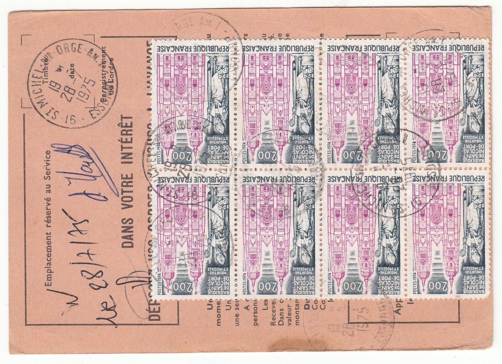 FRANCE TIMBRE ORDRE DE REEXPEDITION ST MICHEL SUR ORGE POUR ANDERNOS 1975 401075250362