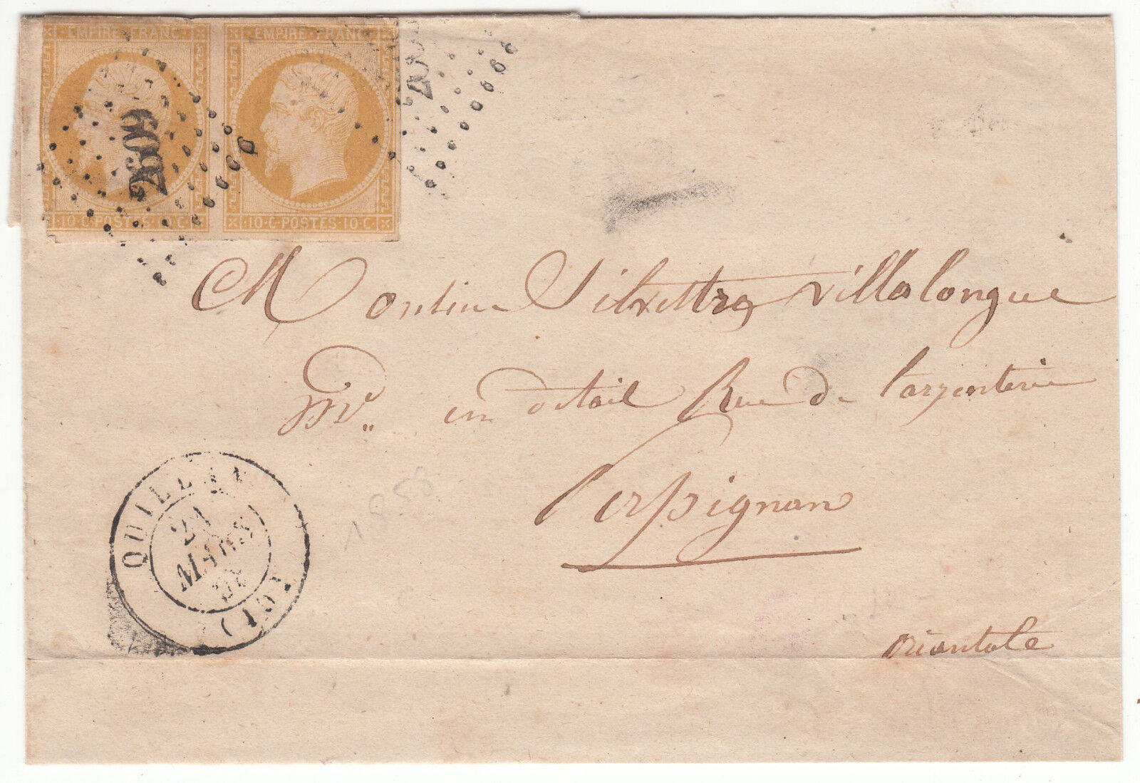 LETTRE 1858 QUILLAN POUR PERPIGNAN TIMBRE N 13 EN PAIRE CACHET LOSANGE 401294170822