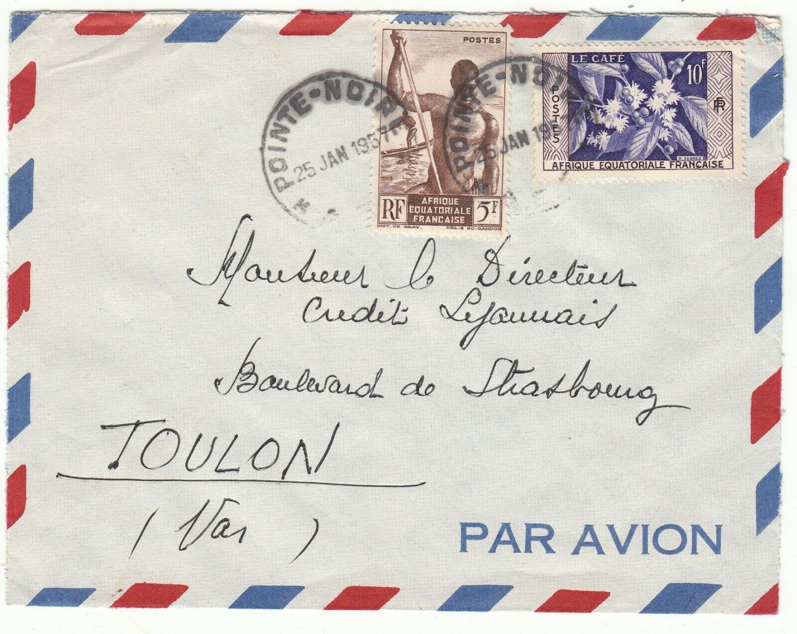 LETTRE AEF POINTE NOIR MOYEN CONGO TOULON 1957 CREDIT LYONNAIS PAR AVION 123748337202