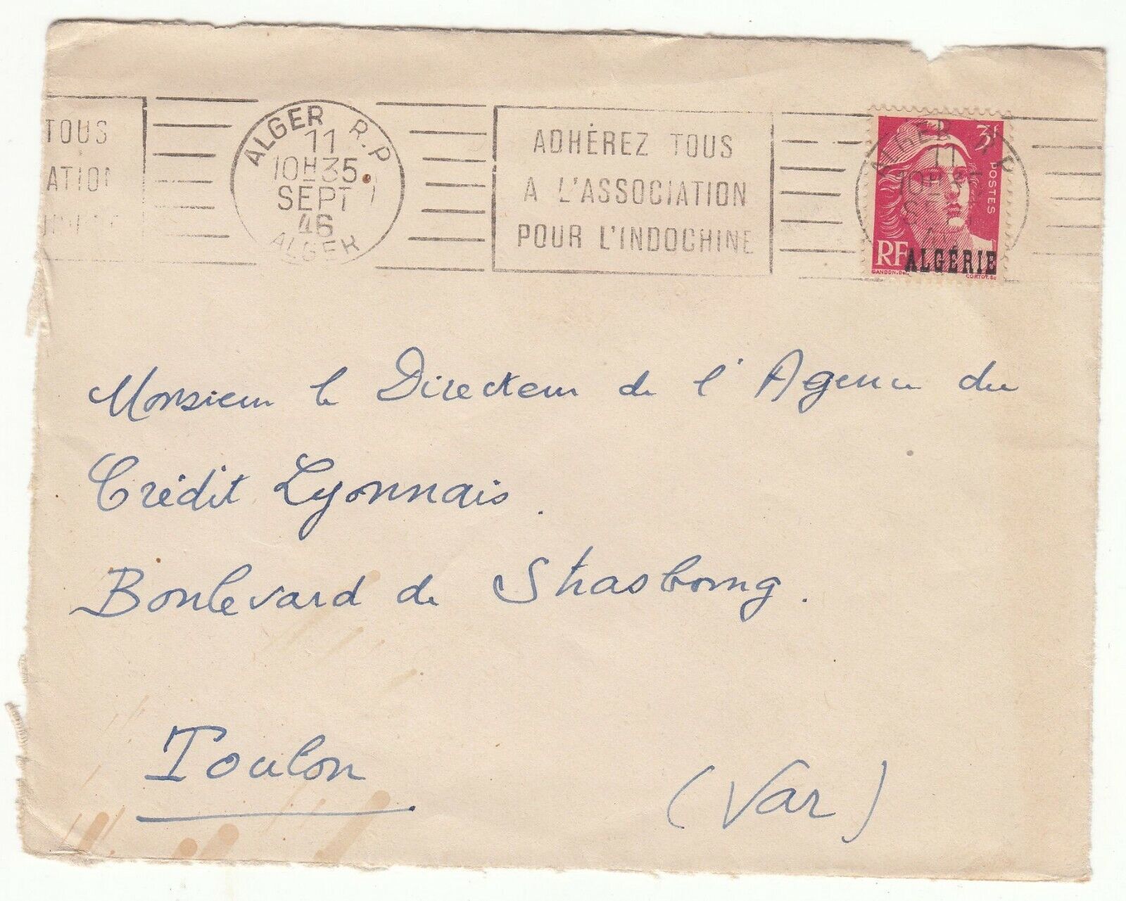 LETTRE ALGERIE FLAMME ASSOCIATION INDOCHINE TOULON CREDIT LYONNAIS 1946 401753061782