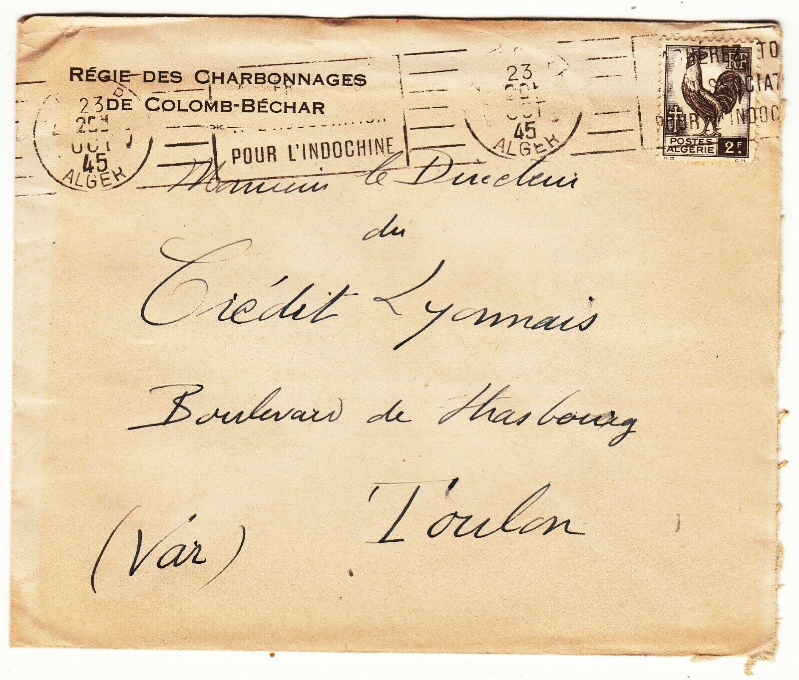 LETTRE ALGERIE REGIE CHARBONNAGES TOULON CREDIT LYONNAIS 1945 INDOCHINE 401759806432