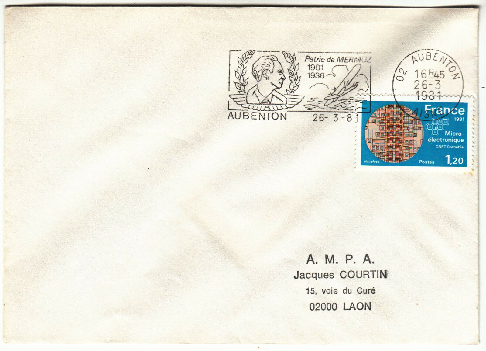 LETTRE AUBENTON POUR LAON 1981 FLAMME AUBENTON PATRIE DE MERMOZ 124074123182