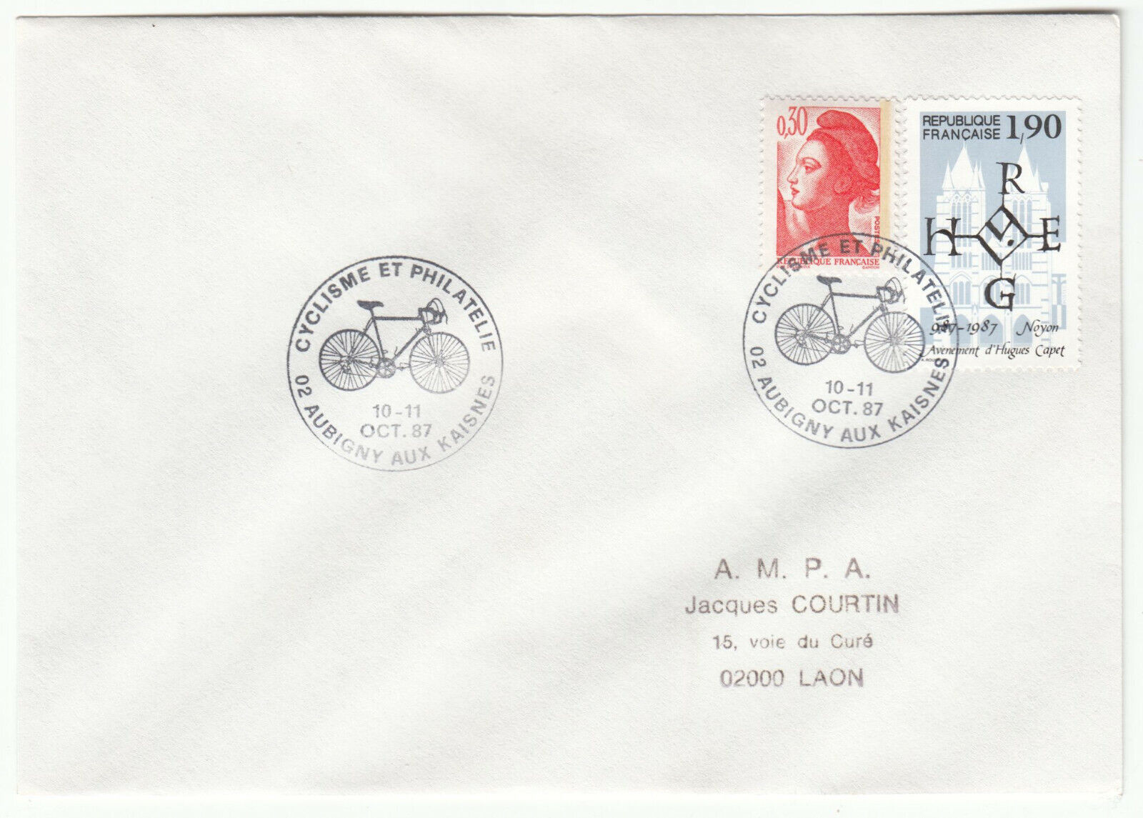 LETTRE AUBIGNY AUX KAISNES POUR LAON 1987 CACHET CYCLISME ET PHILATELIE 124074123172