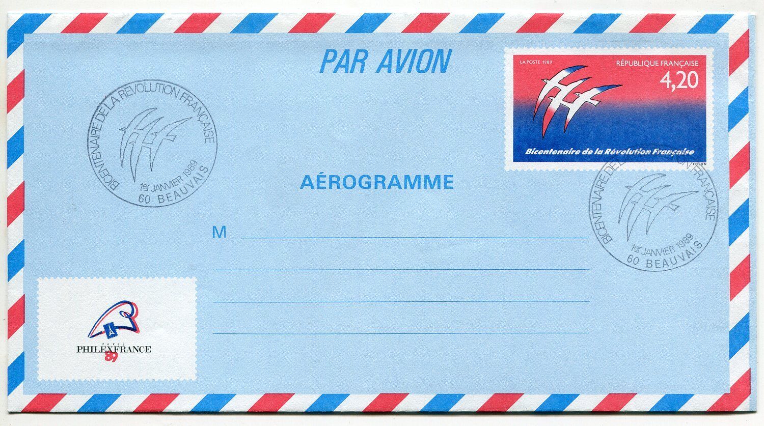 LETTRE BEAUVAIS AEROGRAMME PREMIER JOUR BICENTENAIRE REVOLUTION 400567028132