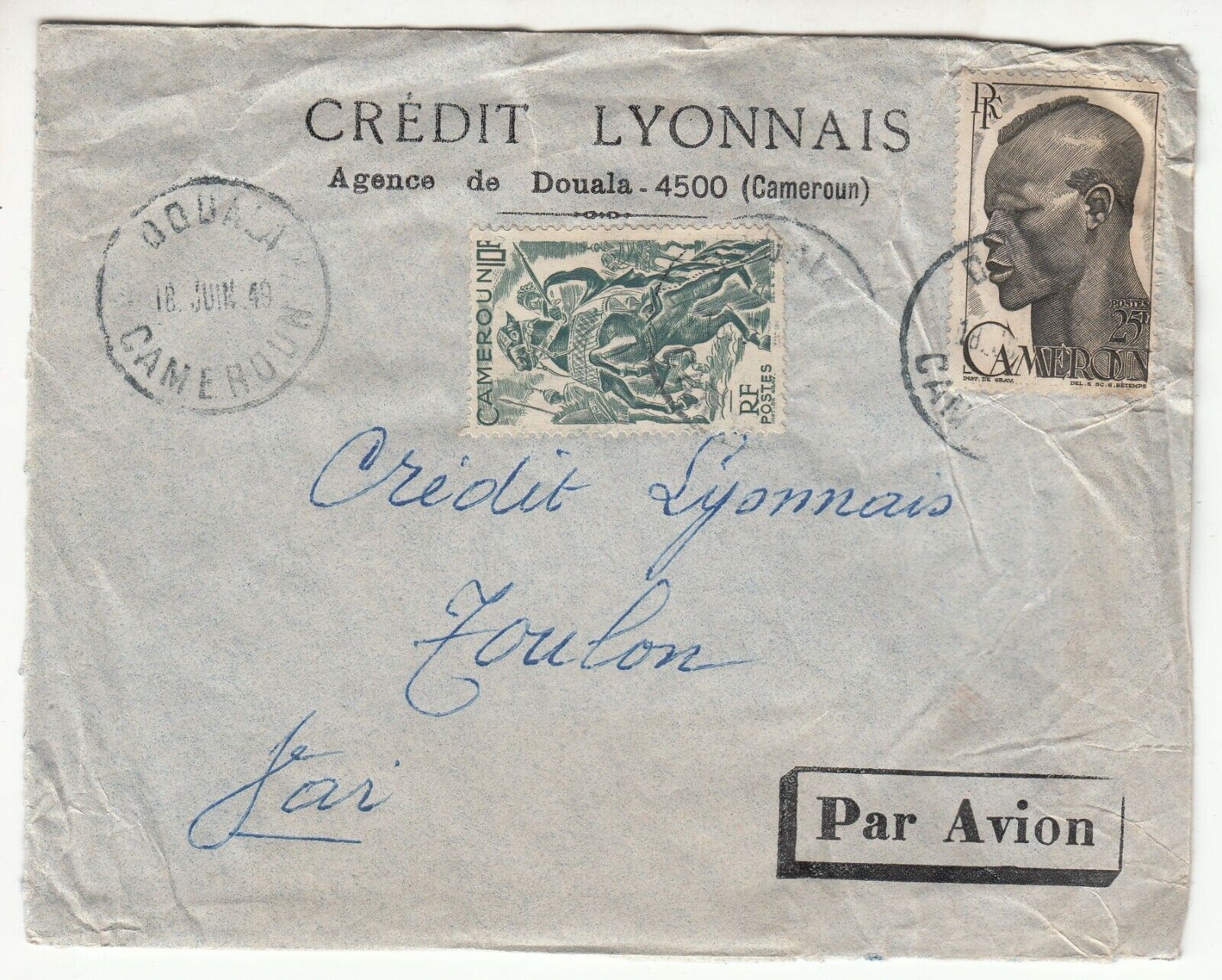 LETTRE CAMEROUN AGENCE DE DOUALA POUR TOULON 1949 CREDIT LYONNAIS PAR AVION 401754074502